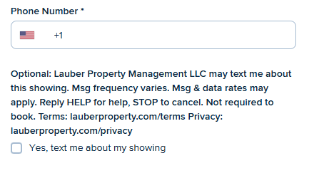 Showing booking form with the optional text-message consent checkbox